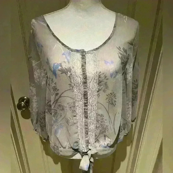 Express sheer ladies front tie blouse button down long sleeve Medium - Picture 5 of 13